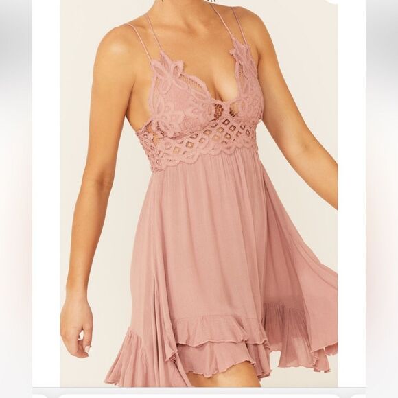 NEW Free People Adella Slip Dress Rose Lace Floral Spaghetti Strap V-Neck Small - Picture 3 of 5
